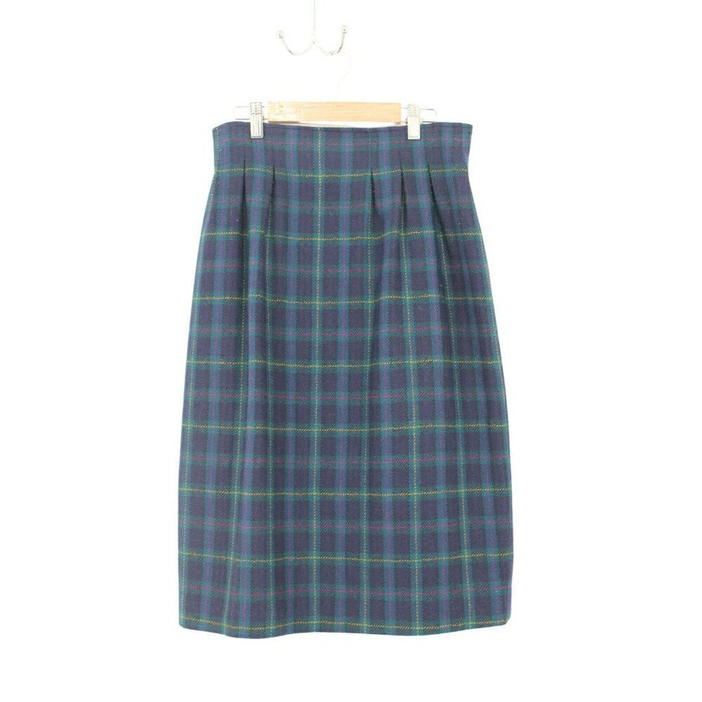 Vintage 80s Evan Picone Blue Green Plaid Wool Straight Skirt Size 10 Made in USA